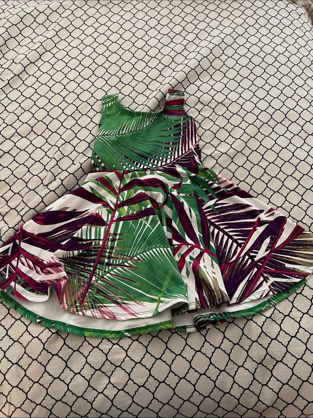 Tropical Print Skater Dress - Green, Purple, White